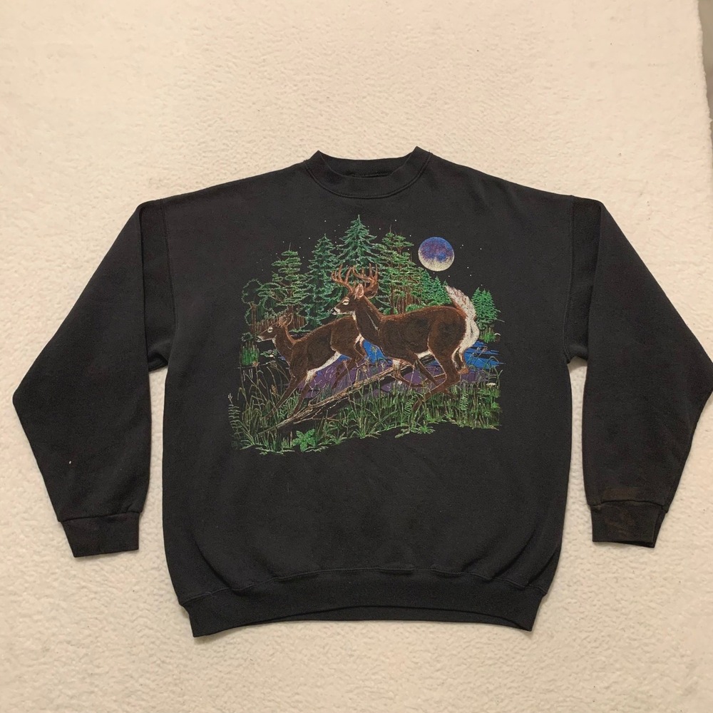 Vintage TSI Sturdy Weight Deer Nature Graphic Sweatshirt XL Made in USA Black